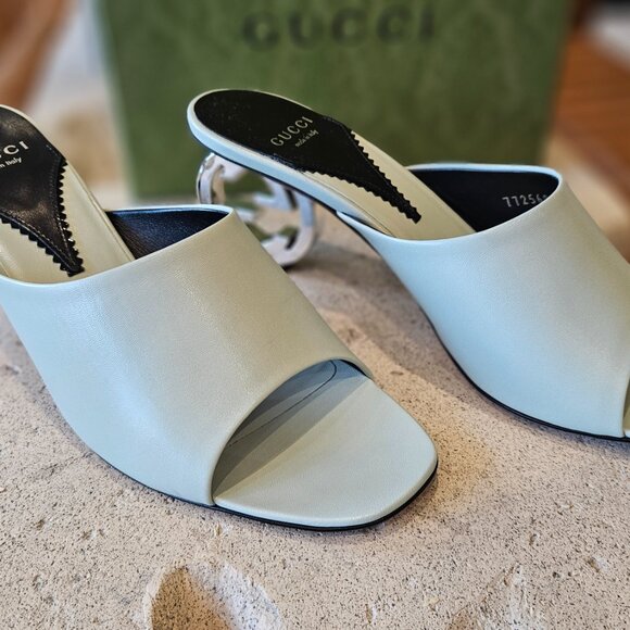 Gucci Interlocking G Heel Sandal 772569 C9D00  3409 Light Green Leather Size 39 - Picture 3 of 11